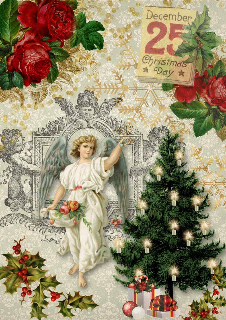 Christmas Angel with Tree - Decoupage Queen - A4 Rice Paper